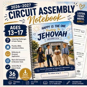 Op de afbeelding: Een 2026-2027 Circuit Assembly notitieboek voor 13-17 jarigen met een spiraalbinding, voorzien van de tekst Happy is the one trusting in Jehovah, Proverbs 16:20, en een illustratie van vier tieners die naar een Koninkrijkszaal lopen.