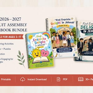 May include: A 2026-2027 circuit assembly notebook bundle for ages 3-17, featuring three spiral-bound notebooks with colorful illustrations of children and cartoon characters, including text that reads Find Exquisite Delight in Jehovah.