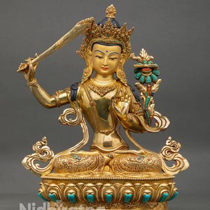 Estatua del Buda de la Sabiduría Manjushri – Decoración de meditación para santuario budista tibetano de Nepal, hecha a mano en cobre.