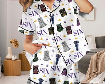 Set van zes muzikale pyjama's, pyjama met koninginnenprint, pyjama met kroonmotief, nachtkleding voor theaterliefhebbers, witte pyjama met knoopjes, cadeau voor haar