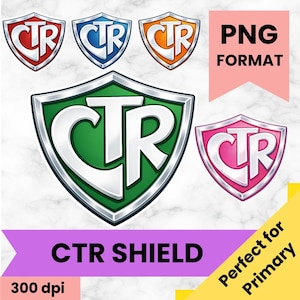 May include: A collection of CTR shield designs in red, blue, orange, green, and pink. The shields have a silver outline and the letters CTR in white. The image includes the text "CTR SHIELD", "PNG FORMAT", "300 dpi", and "Perfect for Primary".