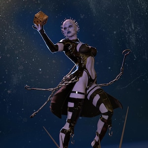 May include: A pale, humanoid figure with pins protruding from the head, wearing black leather straps and armor, holding a golden puzzle box. The figure stands on a circular base with a skull, surrounded by metal chains and sharp spikes.