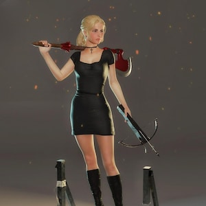May include: A blonde figurine wearing a black dress and black boots, standing on a metal grate platform. The figure holds a red-bladed axe over one shoulder and a black crossbow in the other hand, with a small cross pendant around the neck.