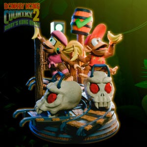 May include: A detailed statue featuring characters from Donkey Kong Country 2: Diddy's Kong Quest. The statue includes Diddy Kong, Dixie Kong, and other characters, with a barrel and skull details. The color palette includes shades of brown, red, and green.