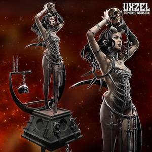 May include: A detailed statue of a woman with dark hair, adorned with a skeletal bodice and holding a golden skull. The statue is on a pedestal with a dark, textured finish, and the background is a fiery red. The text "UXZEL DEMONIC VERSION" is visible.