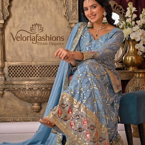 Ensemble Sharara en soie chinnon pour femme invitée à un mariage, costume de soirée brodé de paillettes avec dupatta, tenue de fête indienne