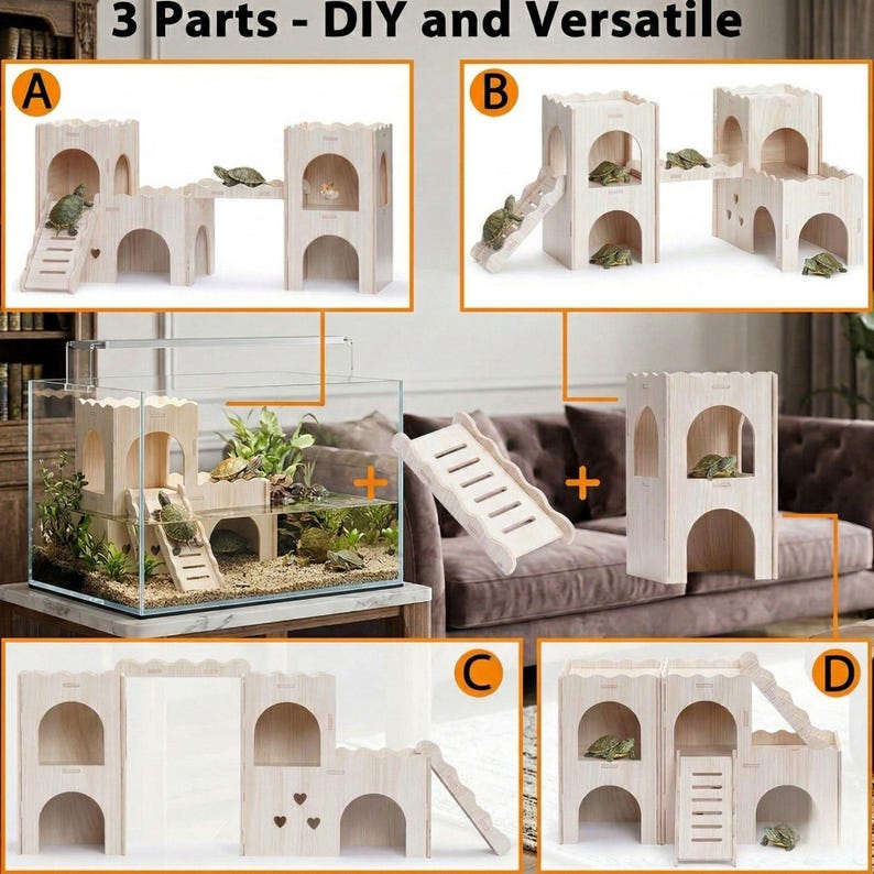 Turtle Basking Platform, Multi Level Wood Castle Habitat Decor ...