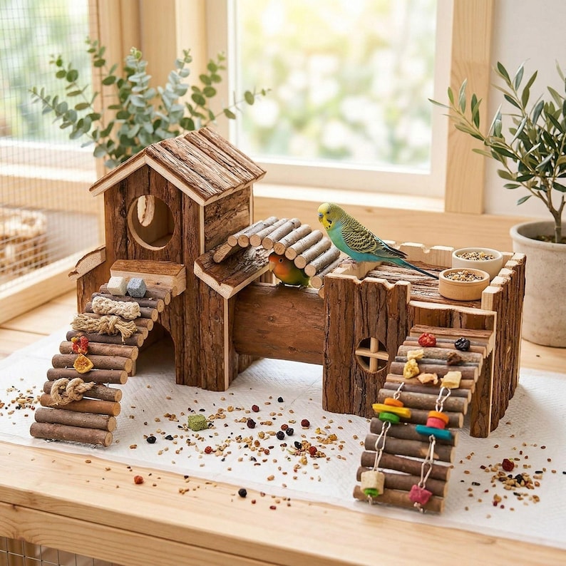 Natural Wood Bird Playground & Parakeet Activity Center | Budgie ...