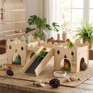 May include: A light-colored wooden bird playground featuring two castle-like structures connected by a ramp with a dark textured surface. The structure includes arched doorways, circular and triangular cutouts, and a small water dispenser attached to the side.