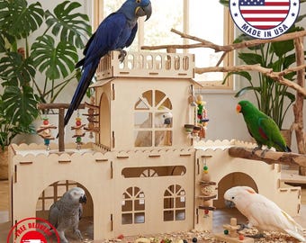 Large Wooden Parrot Playstand Activity Center | Multi-Level Bird Gym for Macaw Cockatoo African Grey