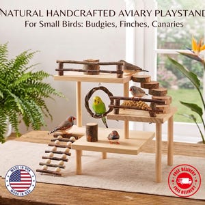 May include: A natural handcrafted aviary playstand for small birds like budgies, finches, and canaries. The wooden structure features multiple levels, a hanging ring, a ladder with light-colored beads, and a staircase made of wood slices.