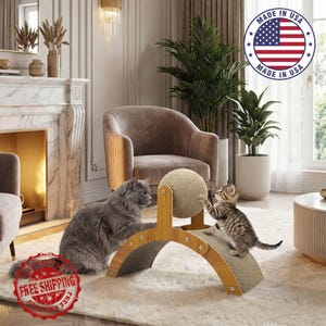 Modern Arch Cat Scratcher, Sisal Ball & Cardboard Scratch Post, Natural Wood Pet Furniture, Interactive Cat Toy