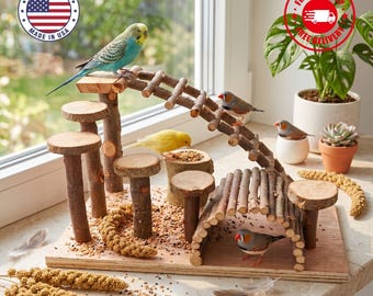 May include: A wooden bird playground featuring a multi-level platform structure with natural branch pillars, a curved ladder, and a tunnel. A blue budgie, a yellow canary, and two zebra finches are perched on the wooden elements and millet sprays.