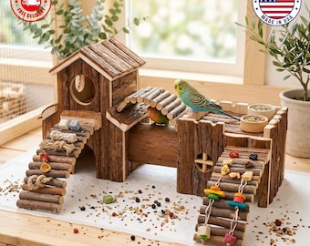 May include: A multi-level wooden bird playground featuring a house structure, a central tunnel, and two arched ramps. The ramps are decorated with small colorful wooden blocks and dried fruit pieces. A green and yellow budgie sits on the structure.