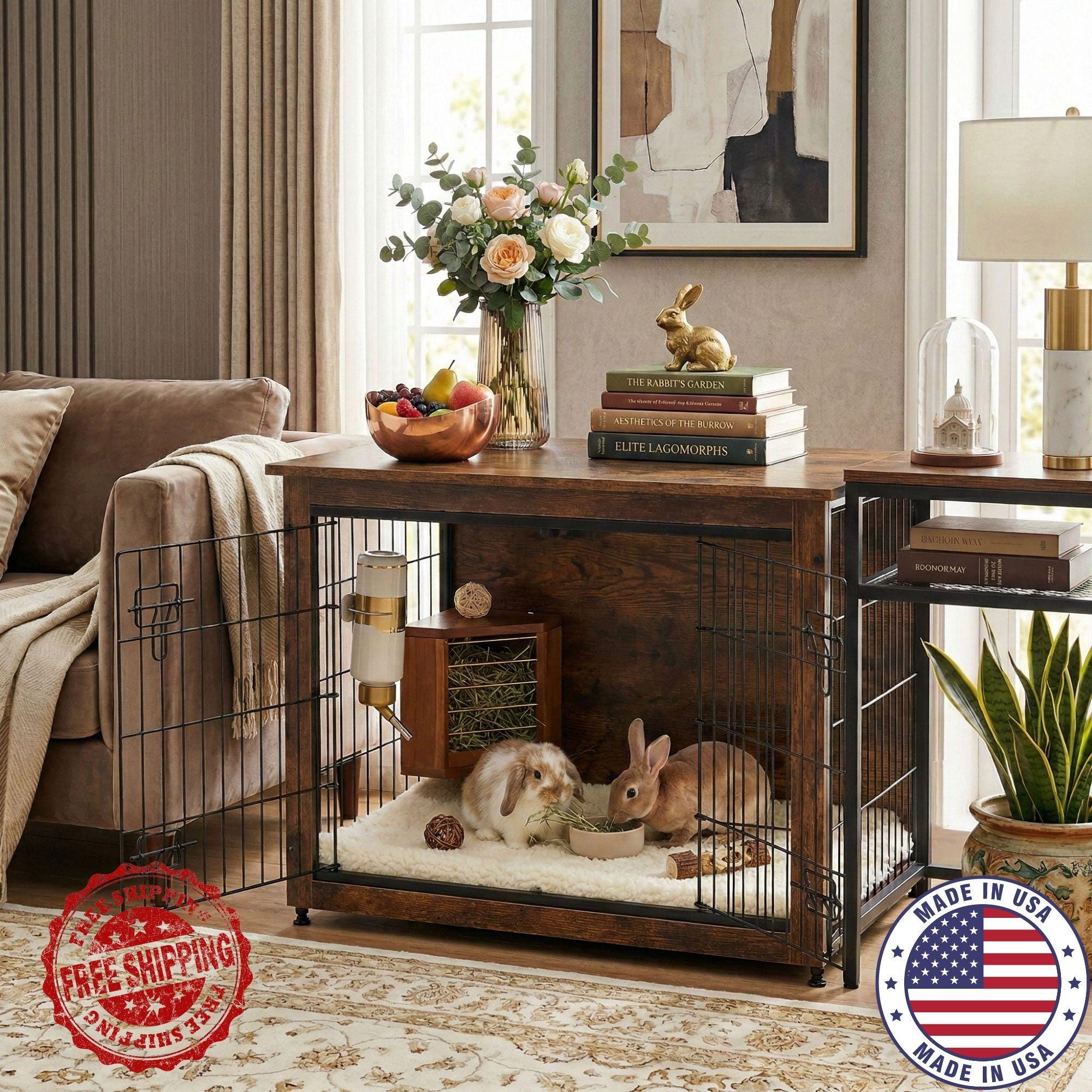 Modern Rabbit Hutch End Table, Wood Bunny Cage Furniture, Rustic Small ...