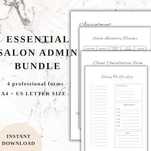 May include: An Essential Salon Admin Bundle with four professional forms, including an appointment sheet, salon inventory tracker, and client consultation form. The forms are A4 and US letter size. The image also includes the text "Canva Editable" and "Instant Download."