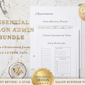 Könnte beinhalten: Ein Essential Salon Admin Bundle mit vier professionellen Formularen, darunter ein Terminzettel, ein Inventar-Tracker und ein Kundenberatungsformular. Die Formulare sind im A4- und US-Letter-Format. Ein goldener Stift und eine kleine Flasche sind ebenfalls sichtbar.