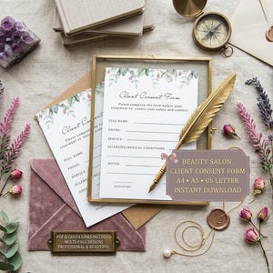 May include: Aesthetic flat lay featuring a beauty salon client consent form. The form is in a gold frame, with a gold quill pen, dried flowers, and a compass. The form includes fields for name, phone, service, and allergies. The text on the form reads "Client Consent Form".