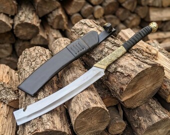 Hand-Forged Hellboy Machete: 14-Inch Leaf Spring Steel Blade, Rosewood Handle, Leather Scabbard