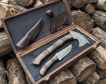 Handmade Viking  Axe | Damascus steel | Head & Wood Handle | Leather Sheath Included