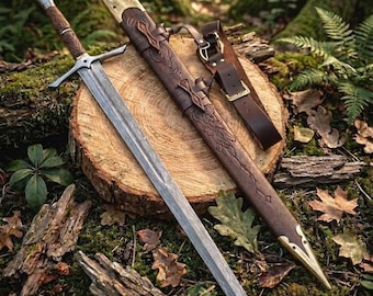 Handmade Engraved Fantasy Sword with Wooden Scabbard, Medieval Style Steel Blade, Collector Display Piece, Custom Decor Gift