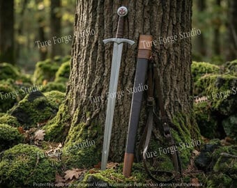 Hand Forged Medieval Longsword, Carbon Steel Blade, Leather Scabbard, Collectible Sword