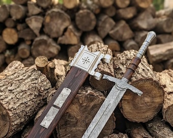 Hand Forged Damascus Steel Crusader Sword, Medieval Viking Replica, Decorative Fantasy Blade, Collectible Scabbard