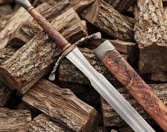 Medieval Cosplay Sword Prop, Engraved Wooden Handle, Leather Scabbard, Knight Costume Accessory