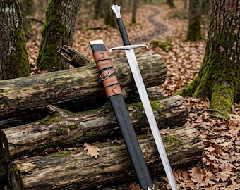Hand Forged Steel Medieval Long Sword, Engraved Leather Handle, Scabbard Included