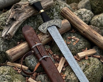 Handmade Viking Style Sword with Engraved Blade – Medieval Inspired Display Piece with Leather Sheath