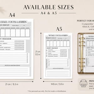 Può includere: Un inserto stampabile per agenda settimanale per il monitoraggio delle abitudini, disponibile nei formati A4 e A5. Il foglio A4 misura 29,7 cm per 21 cm, mentre il foglio A5 misura 21 cm per 14,8 cm. Include sezioni per obiettivi e note.