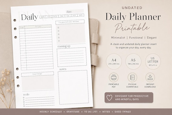 Undated Daily Planner Printable, A4 A5 US Letter, Hourly Daily Schedule Insert, Minimalist Desk Pad, Filofax Binder Refill PDF Download