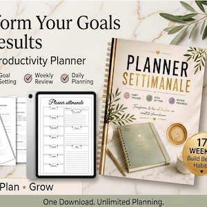 Può includere: Un'agenda di produttività di 17 settimane con rilegatura a spirale, un tablet con layout settimanale, fogli stampati e una penna dorata. La copertina riporta il testo Planner Settimanale, decorazioni botaniche e un bollino circolare dorato.