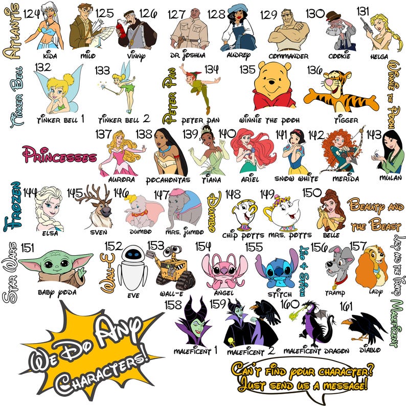 Puede incluir: Una colorida ilustraci&oacute;n con varios personajes de Disney, incluyendo princesas, Winnie the Pooh y personajes de Star Wars. La imagen tambi&eacute;n incluye el texto "We Do Any Characters!" y "Can't find your character? Just send us a message!"