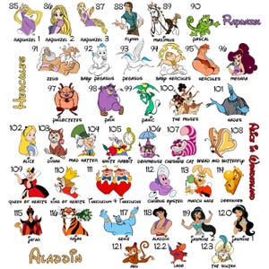 Puede incluir: Una colecci&oacute;n de ilustraciones de dibujos animados de personajes de Disney, incluyendo Rapunzel, H&eacute;rcules, Aladdin y Alicia en el Pa&iacute;s de las Maravillas. Cada personaje est&aacute; etiquetado con un nombre y un n&uacute;mero.