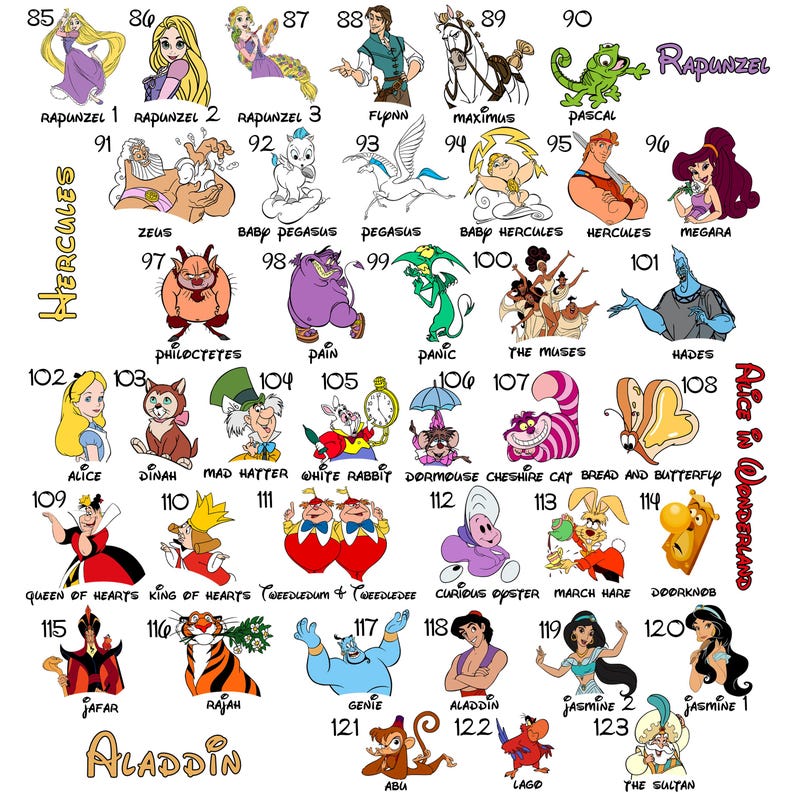 Puede incluir: Una colecci&oacute;n de ilustraciones de dibujos animados de personajes de Disney, incluyendo Rapunzel, H&eacute;rcules, Aladdin y Alicia en el Pa&iacute;s de las Maravillas. Cada personaje est&aacute; etiquetado con un nombre y un n&uacute;mero.