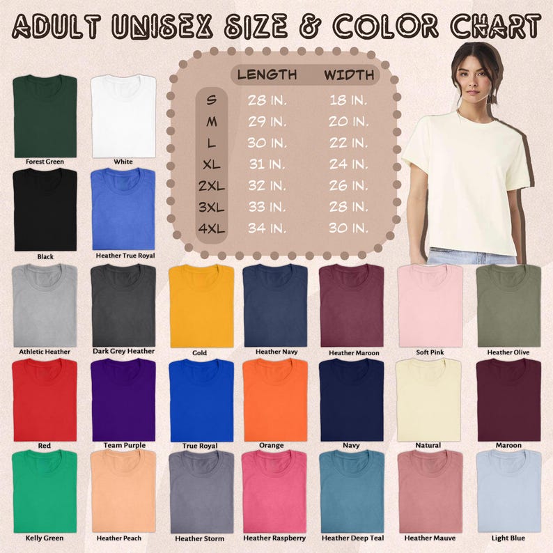 Puede incluir: Tabla de tallas y colores unisex para adultos, con camisetas en varios colores: verde bosque, blanco, negro y heather true royal. La tabla muestra medidas en pulgadas, desde la S (71 cm de largo, 46 cm de ancho) hasta la 4XL (86 cm de largo, 76 cm de ancho).