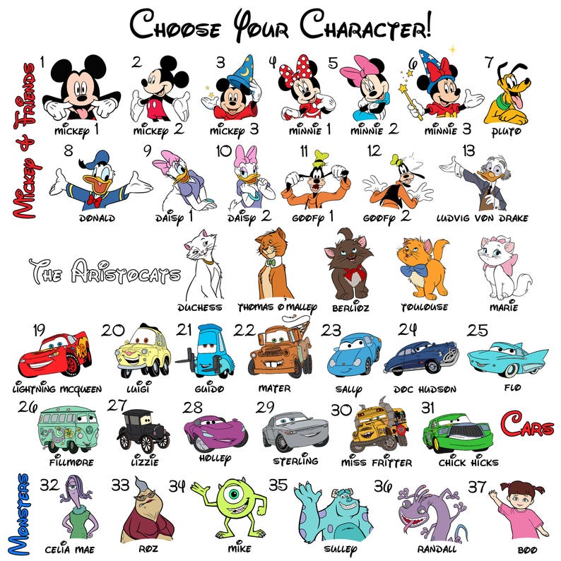 Puede incluir: Ilustraciones de personajes de dibujos animados, incluyendo Mickey Mouse, Minnie Mouse, Donald Duck, y personajes de "Cars" y "Monstruos S.A.". El texto "&iexcl;Elige tu personaje!" est&aacute; en la parte superior.