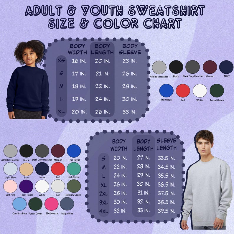 Puede incluir: Tabla de tallas y colores para sudaderas para adultos y j&oacute;venes. Incluye medidas de ancho de cuerpo, largo y manga en pulgadas. Presenta una paleta de colores con opciones como azul marino, rojo y verde bosque. Incluye una persona con una sudadera azul marino y otra con una sudadera gris.