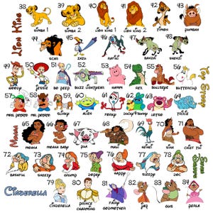Puede incluir: Una colecci&oacute;n de ilustraciones de personajes de dibujos animados de varias pel&iacute;culas, incluyendo personajes de El Rey Le&oacute;n, Toy Story, Vaiana, Cenicienta y Blancanieves. Cada personaje est&aacute; numerado y nombrado.