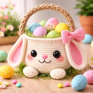 Może przedstawiać: Koszyk wielkanocny zrobiony na szydełku w kształcie królika, wypełniony kolorowymi, nakrapianymi jajkami. Koszyk ma pleciony uchwyt, różową kokardę i uszy królika. Twarz królika ma czarne oczy, różowe policzki i różowy nos. Ozdobne pisanki otaczają koszyk.
