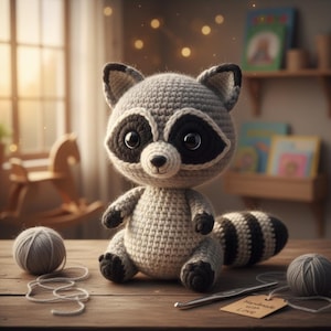 Könnte beinhalten: Handgefertigte Häkeltier-Rasselfigur in Form eines Waschbären, grau und schwarz. Der Waschbär hat eine schwarze Maske um die Augen, schwarze Pfoten und einen gestreiften Schwanz. Er sitzt auf einer Holzoberfläche neben Garn und einem Häkelhaken.