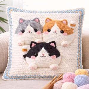 Amigurumi Cat Pillow Crochet Pattern, Three Kitties, Home Decor (PDF Download)