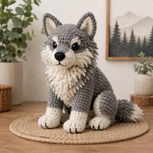 Może przedstawiać: Ręcznie robiona szydełkowa lalka wilka w kolorze szarym i kremowym. Wilk ma puszystą klatkę piersiową, spiczaste uszy i czarny nos. Siedzi na okrągłej, tkanej macie. Lalka to miękka zabawka.