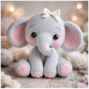 Puede incluir: Un elefante de ganchillo gris hecho a mano con orejas internas rosas y mejillas sonrosadas. El elefante tiene un lazo blanco en la cabeza y ojos negros grandes. El elefante está sentado sobre una superficie de madera.