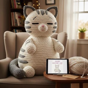 Peut inclure: Un grand chat au crochet fait à la main, crème et gris, avec les yeux fermés et un nez rose. Le chat est assis dans un fauteuil, avec une tablette affichant un patron de crochet. Une pelote de laine et une étiquette sont sur une table d'appoint.