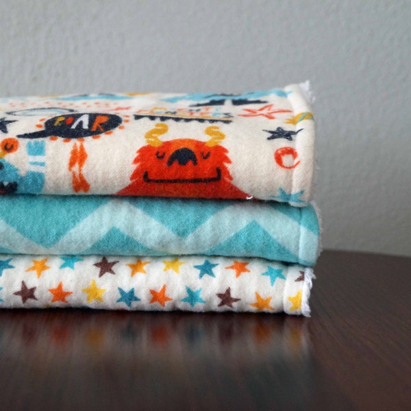 Boy Burp Cloth Set - Monsters, Chevron & Stars - Teal, Orange, Brown