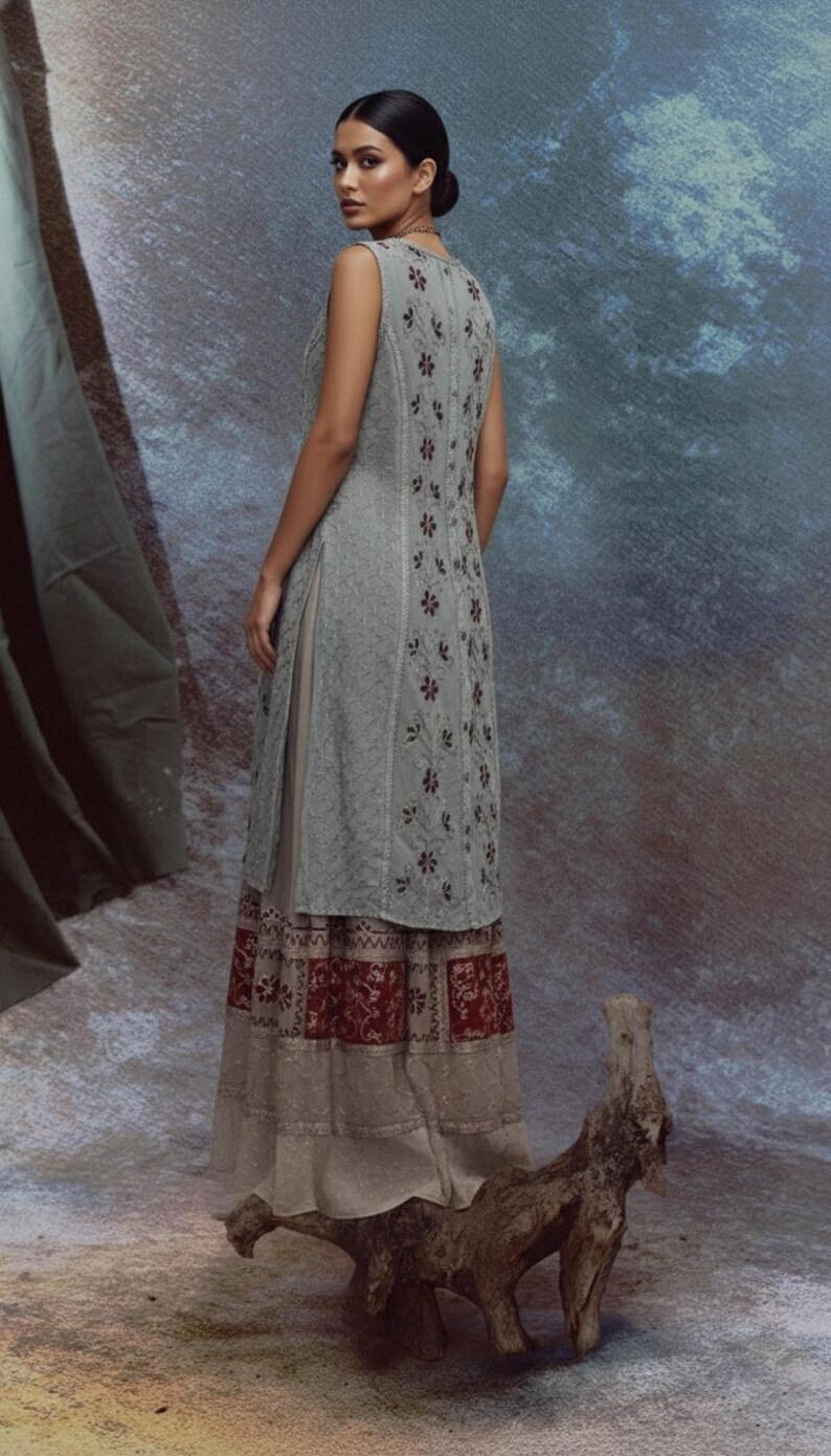 Puede incluir: Un vestido sin mangas de color gris claro con bordados florales y una abertura lateral. El vestido est&aacute; superpuesto a una falda beige con un dobladillo estampado en rojo y blanco. La modelo est&aacute; de pie frente a un fondo texturizado.