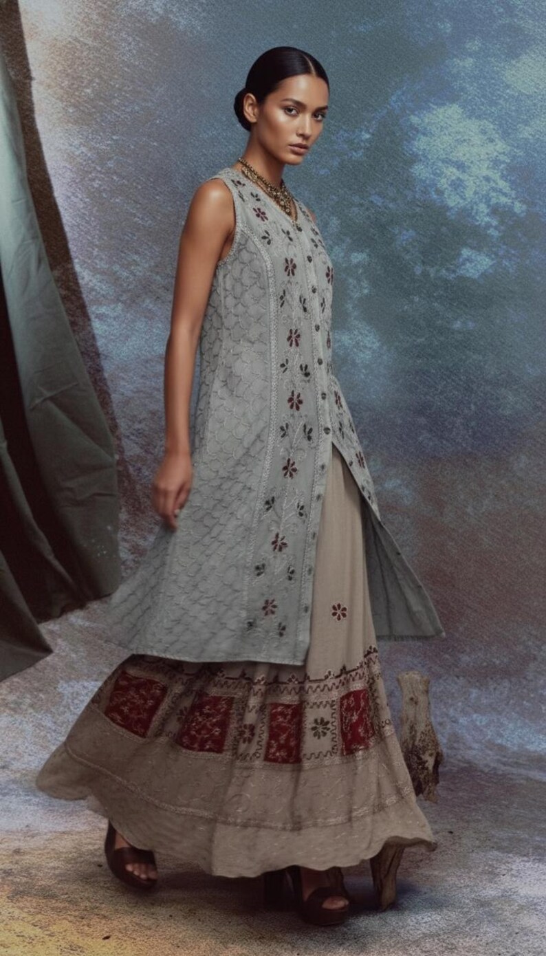 Puede incluir: Una t&uacute;nica sin mangas de color gris claro con bordados florales y una abertura alta, combinada con una falda beige con paneles estampados en rojo y blanco. El conjunto forma parte de una colecci&oacute;n de inspiraci&oacute;n bohemia.