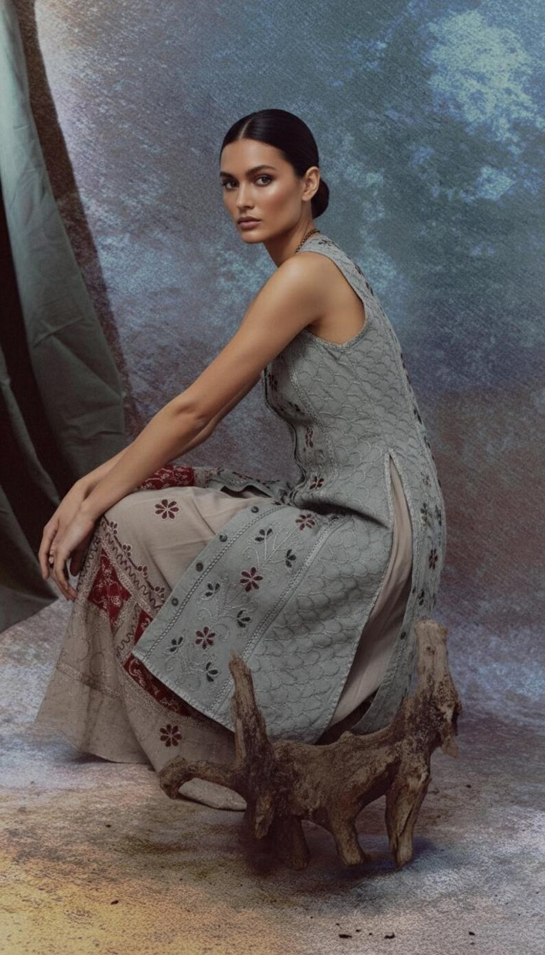 Puede incluir: Una mujer con una t&uacute;nica sin mangas verde claro y pantalones a juego con bordados florales. El conjunto tiene una abertura lateral y se combina con una falda beige con un borde estampado en rojo y blanco. Una escultura de madera est&aacute; en primer plano.